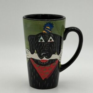 Naylor Designs Hand Painted Black Dog Party Hat Bone Ceramic Latte Mug 6 Inch